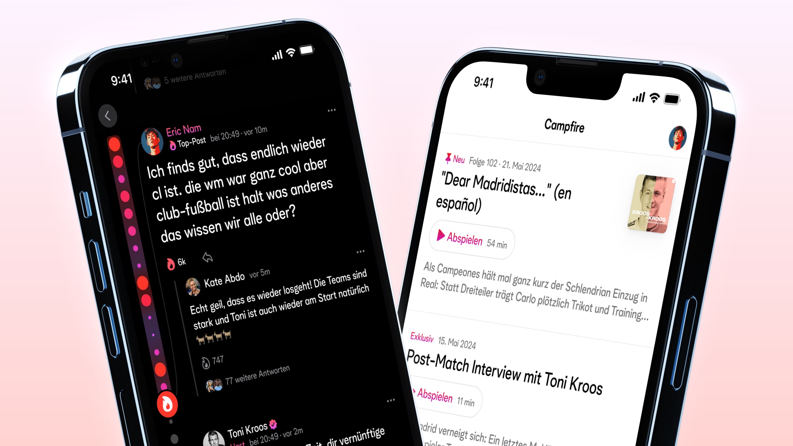 Bild von zwei iPhones, die die Campfire-App anzeigen